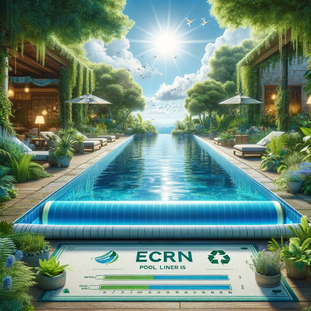 A serene pool scene with a Merlin pool liner, surrounded by lush greenery, symbolizing eco-friendliness and harmony with nature.