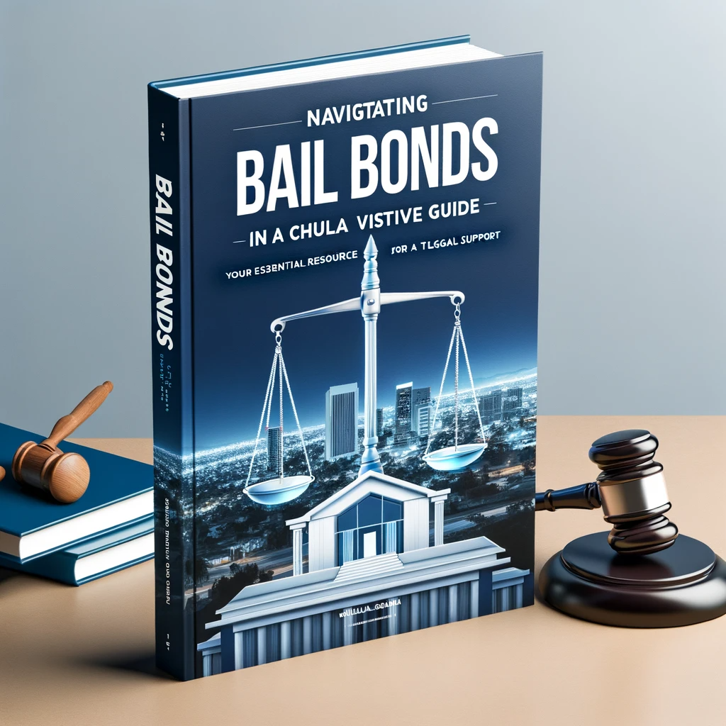 A guidebook cover with the title 'Navigating Bail Bonds in Chula Vista: A Comprehensive Guide'. Features Chula Vista cityscape, a justice scale, a gavel, and a tagline 'Your Essential Resource for Legal Support'. The color scheme is blue and white, symbolizing trust and professionalism.