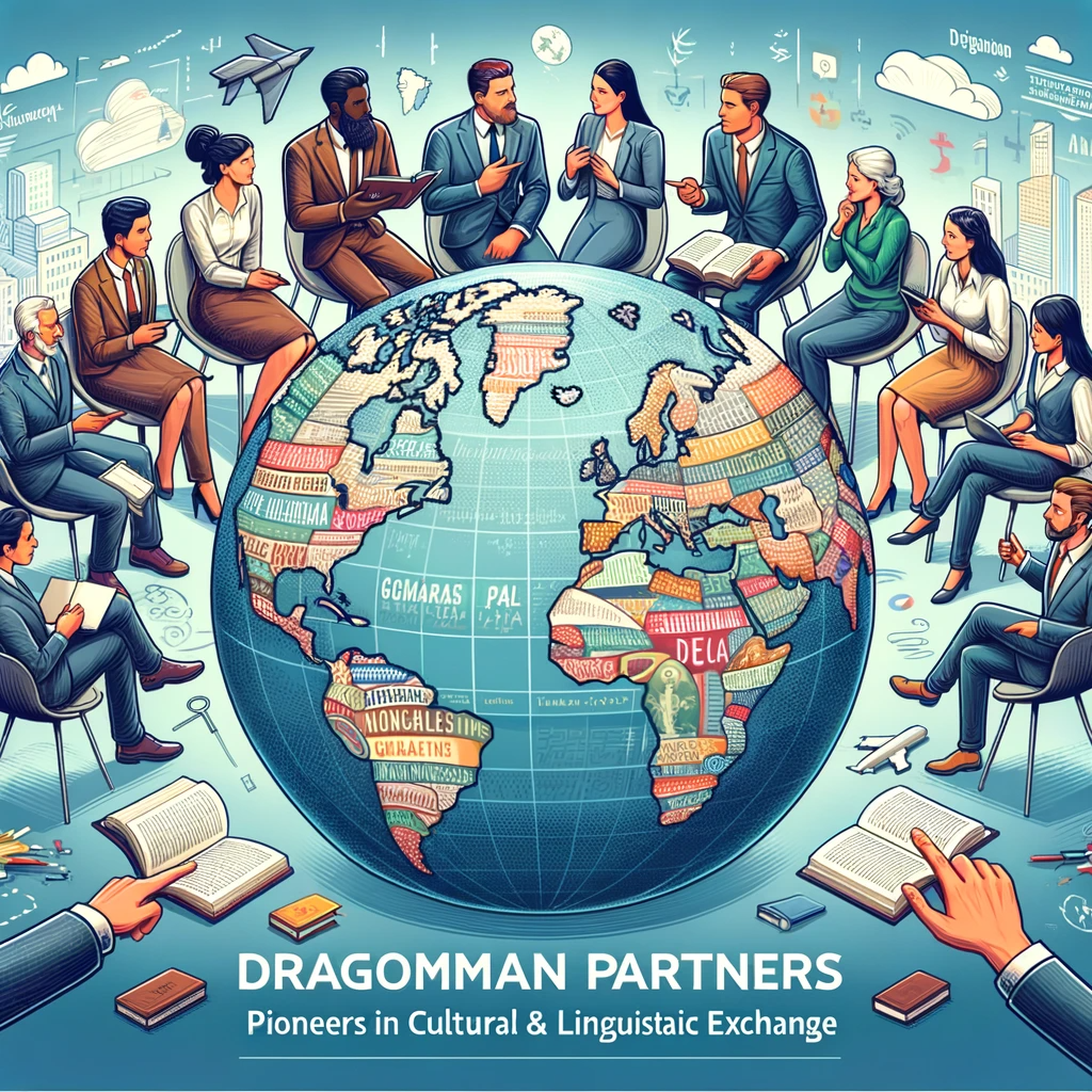 An illustration of a diverse group of people around a globe, engaged in conversation, symbolizing cultural and linguistic exchange in a modern office setting.
